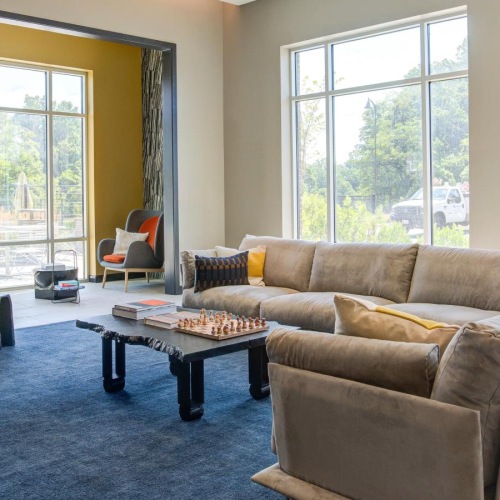 a spacious room with a large window