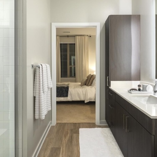 a bathroom with a glass shower